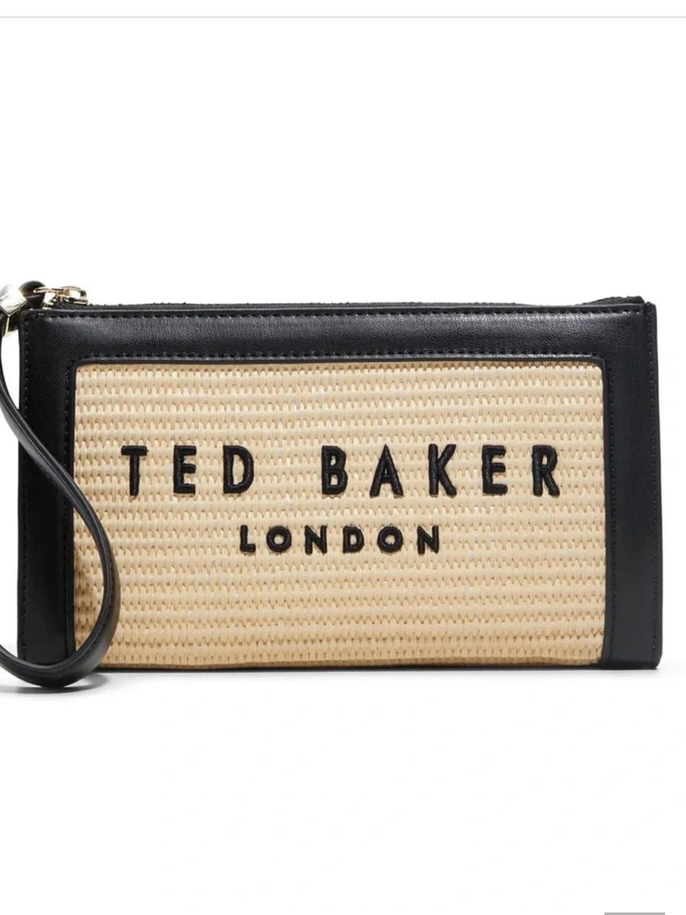 the Ted Baker Naomi Raffia Wristlet in natural and black